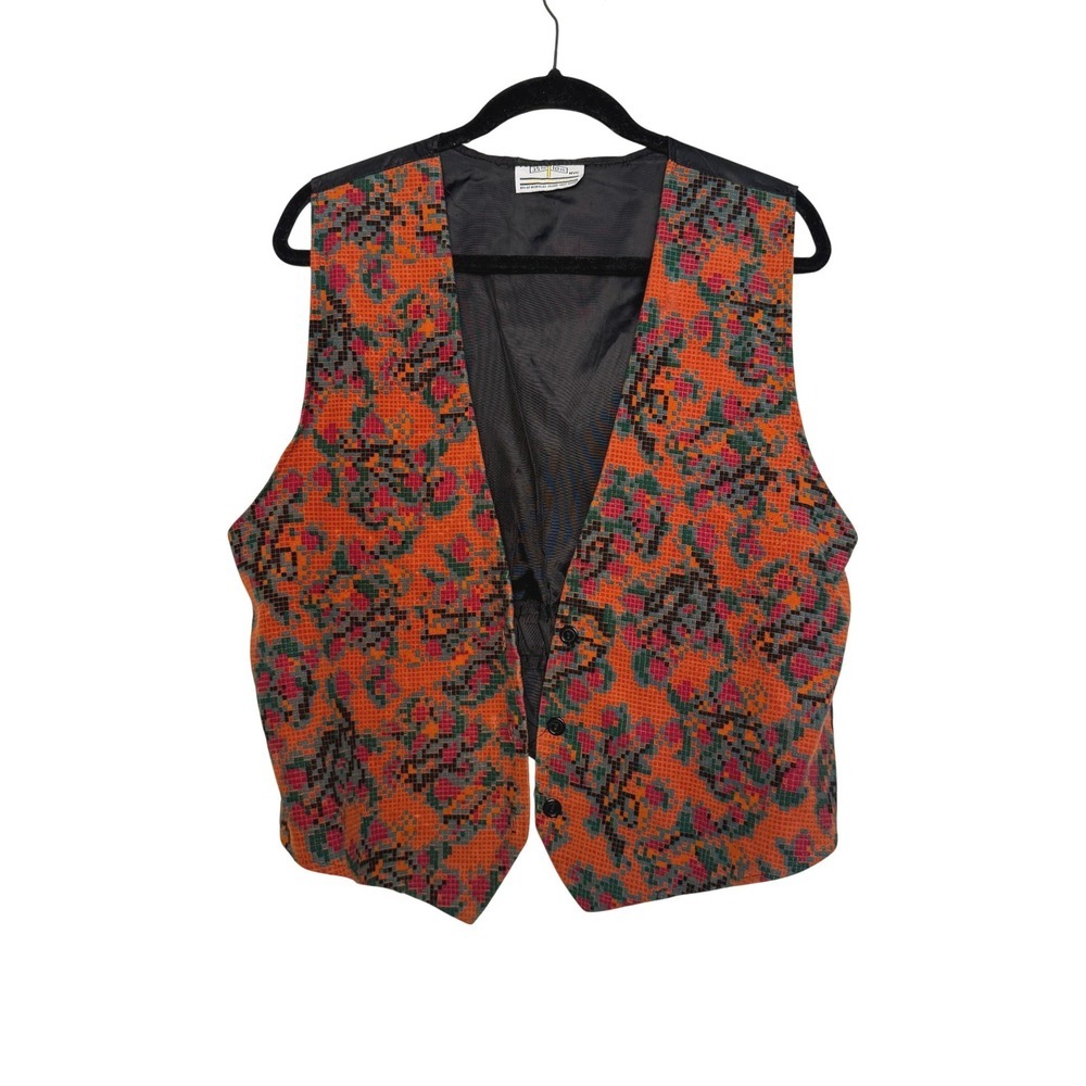 Vintage 90s Orange Geometric Pixel Pattern Party Vest